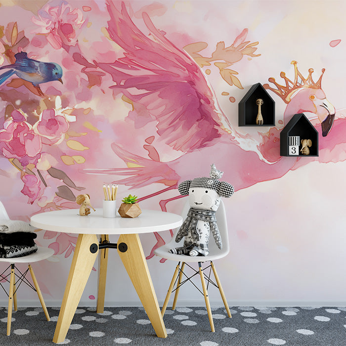Carta da parati murale con fiammifero rosa e corona per camera di una bambina | Fiammifero rosa, viola, blu e bianco