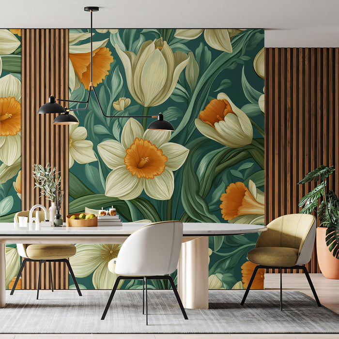 Botanical Greenery Mural Wallpaper | Green, Orange, Brown