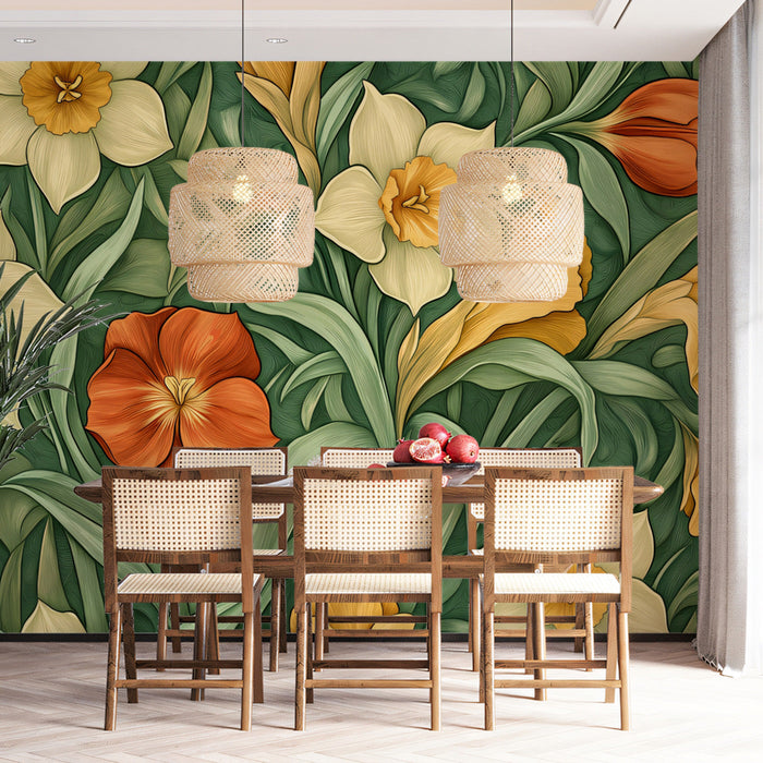 Botanical Greenery Mural Wallpaper | Green, Orange, Brown