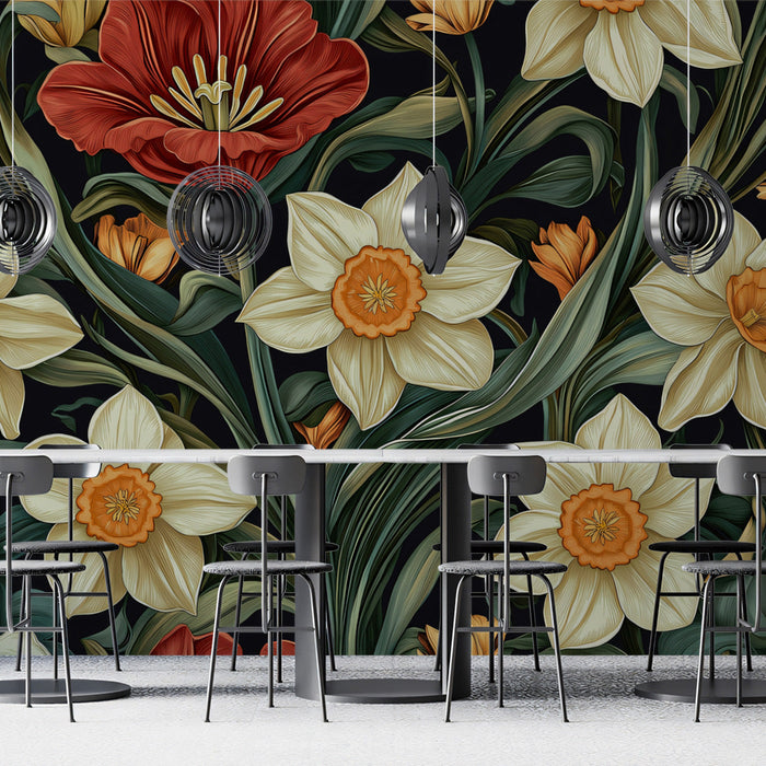 Botanical Greenery Mural Wallpaper | Green, Orange, Brown