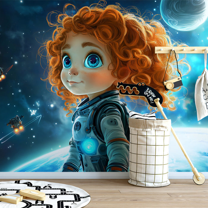 Astronaut Adventure Mural Wallpaper | Blue, Orange, Black
