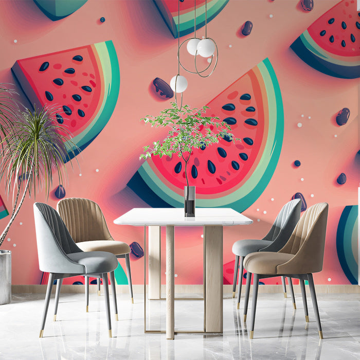 Watermelon Delight Mural Wallpaper | Pink, Green, Red