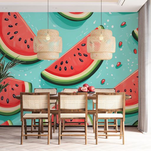 Watermelon Delight Mural Wallpaper | Red, Green, Blue - Green