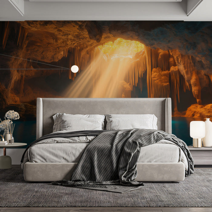 Cave of Light Mural Wallpaper | Earthy Browns, Gold, Blue