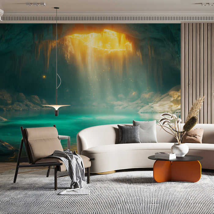 Cave of Light Mural Wallpaper | Earthy Browns, Gold, Blue