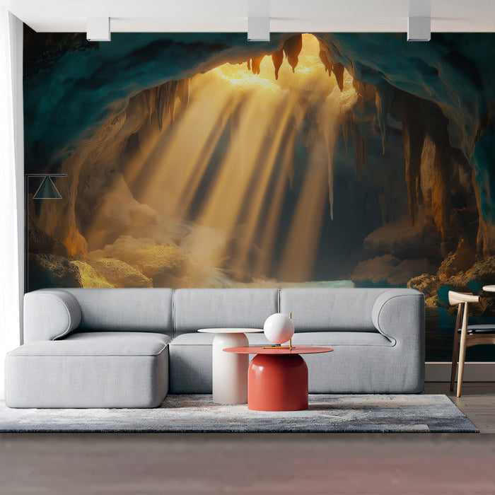Cave of Light Mural Wallpaper | Earthy Browns, Gold, Blue