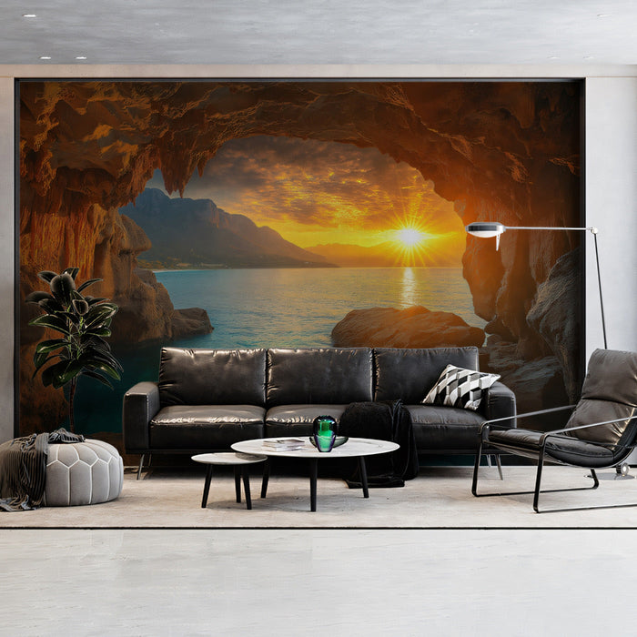 Coastal Cave Sunrise Mural Wallpaper | Orange, Blue, Brown