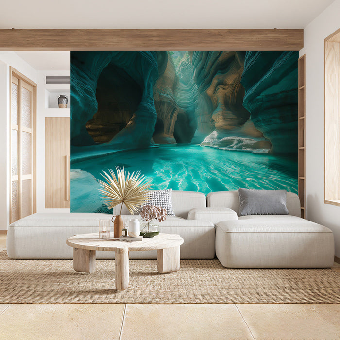 Canyon Waterfall Mural Wallpaper | Teal, Blue - Green, Brown