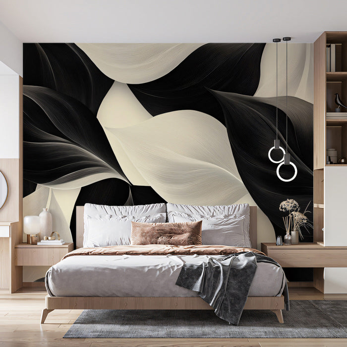 Abstract Leafy Wave Mural Wallpaper | Black, White, Cream