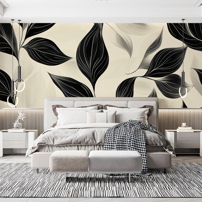 Abstract Leafy Wave Mural Wallpaper | Black, White, Cream