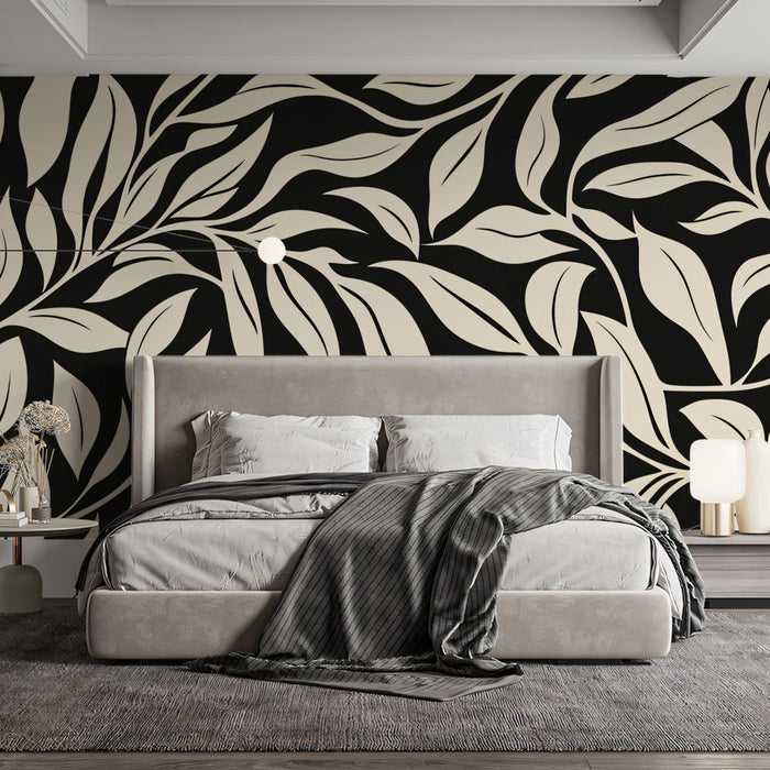 Monochrome Leaf Pattern Mural Wallpaper | Black, Off - White