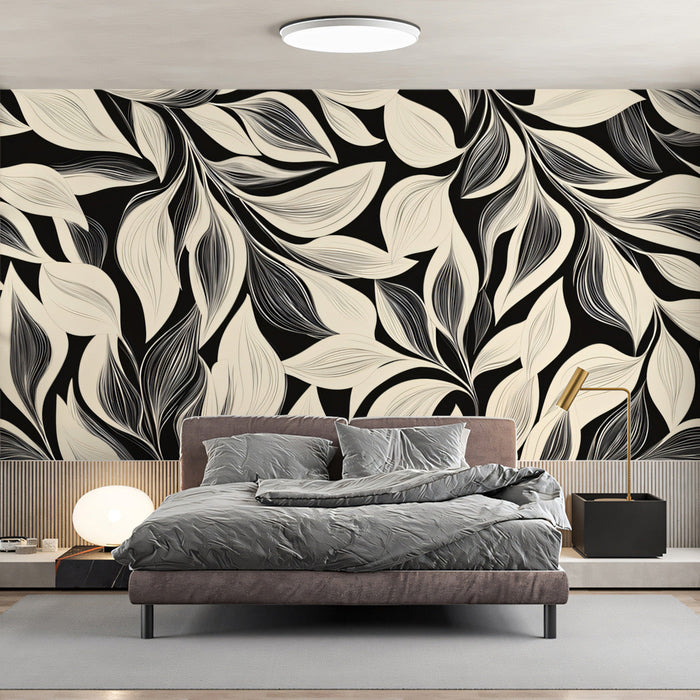 Monochrome Leaf Pattern Mural Wallpaper | Black, Off - White