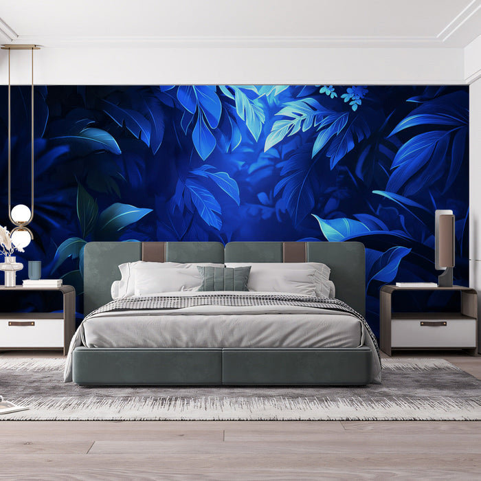 Midnight Blue Leaf Mural Wallpaper | Deep Blue, Teal, Light Blue