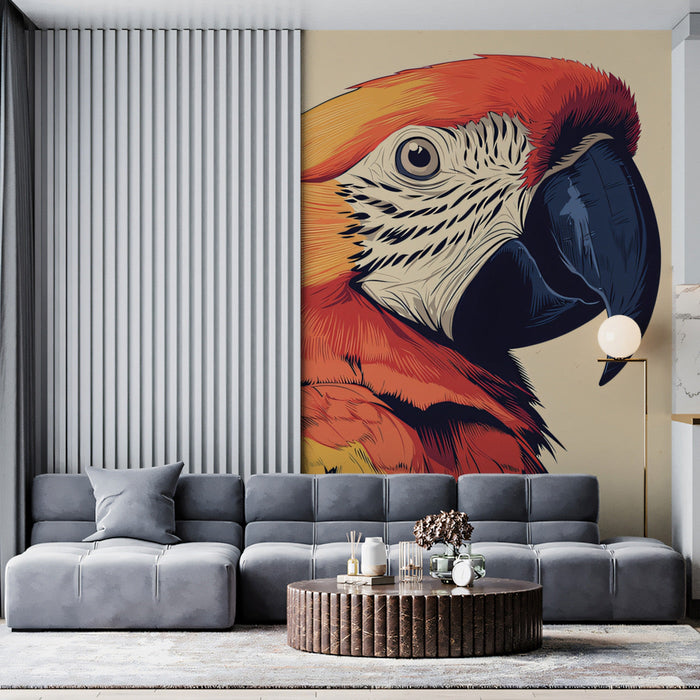 Colorful Parrot Mural Wallpaper | Red, Orange, Yellow, Blue