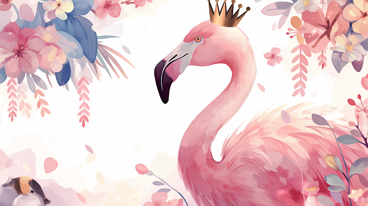 Carta da parati murale Pink Flamingo in primo piano | Flamingo rosa, viola, blu e bianco
