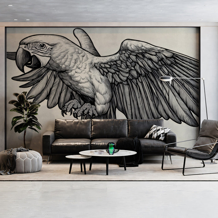 Black - and - White Parrot Mural Wallpaper | Black, White, Gray