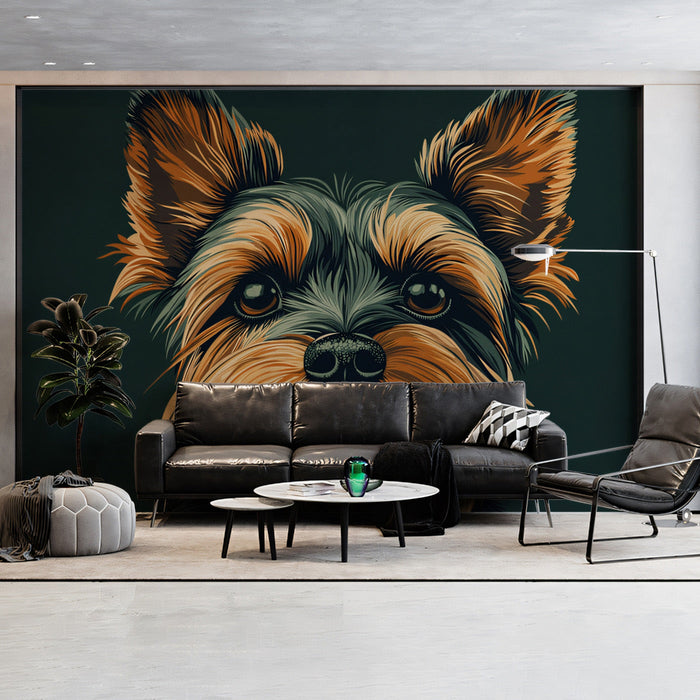 Yorkshire Terrier Elegance Mural Wallpaper | Brown, Gold, Green