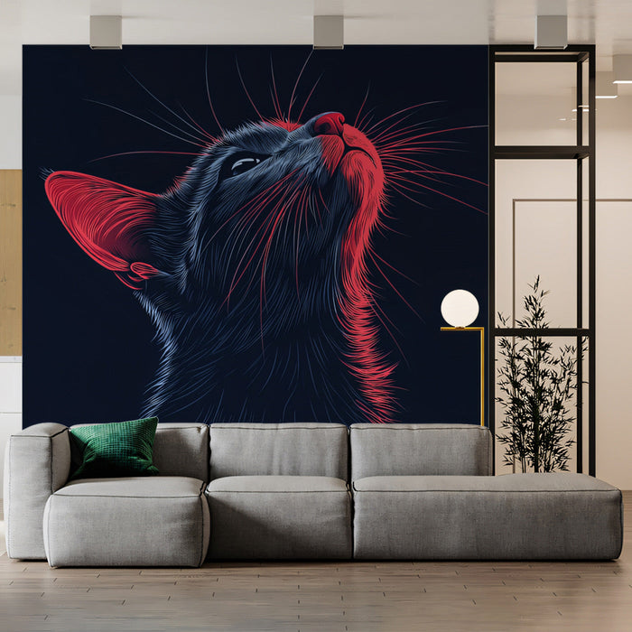 Neon - Eared Cat Mural Wallpaper | Dark Blue, Red