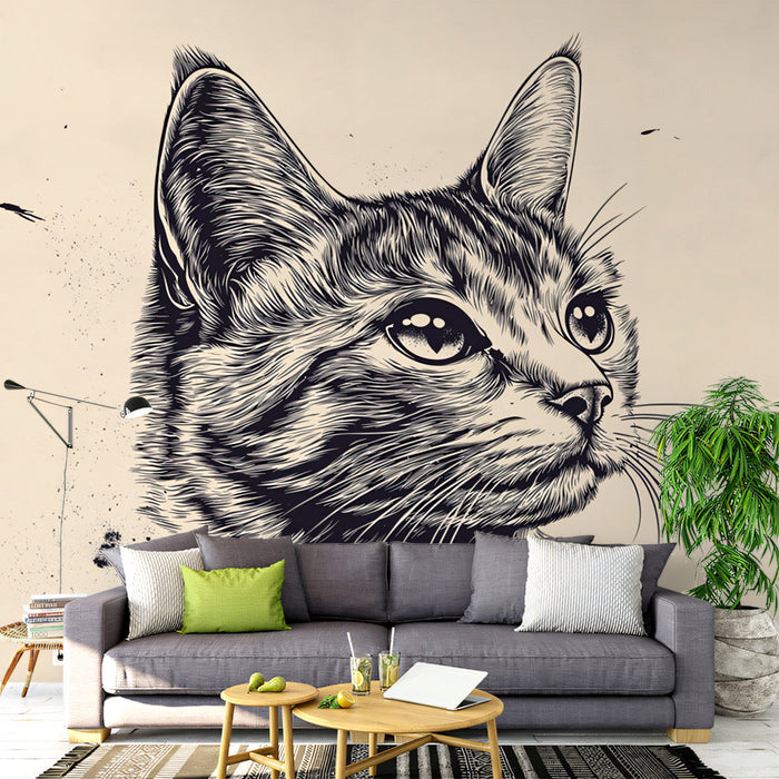Tabby Cat Sophistication Mural Wallpaper | Beige, Black
