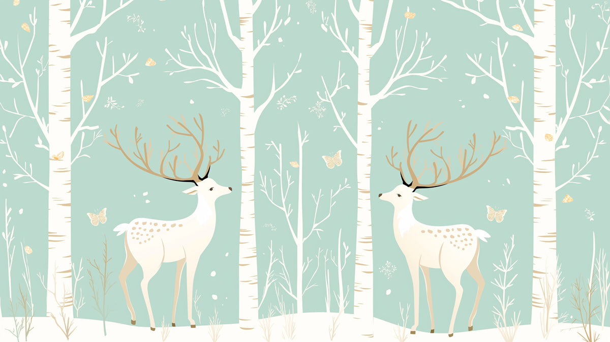 Mint Green Forest with Deer Mural Wallpaper for a child's room | Mint Green, White and Brown Deer