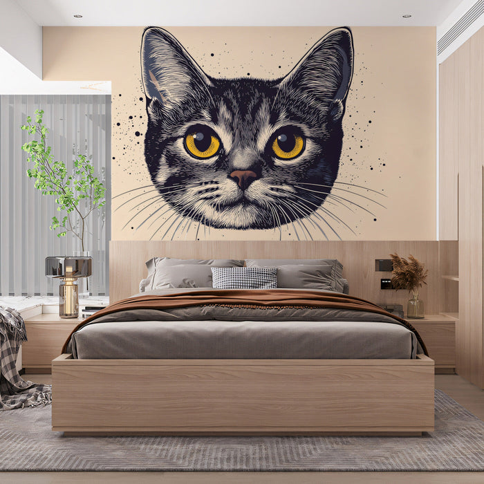 Striking Tabby Cat Mural Wallpaper | Dark Gray, Yellow
