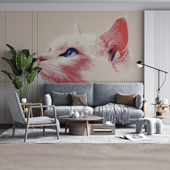 Graceful White Cat Mural Wallpaper | Soft Pink, Blue - Gray