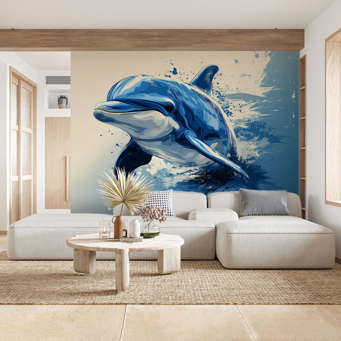 Playful Dolphin Mural Wallpaper | Light Blue, White