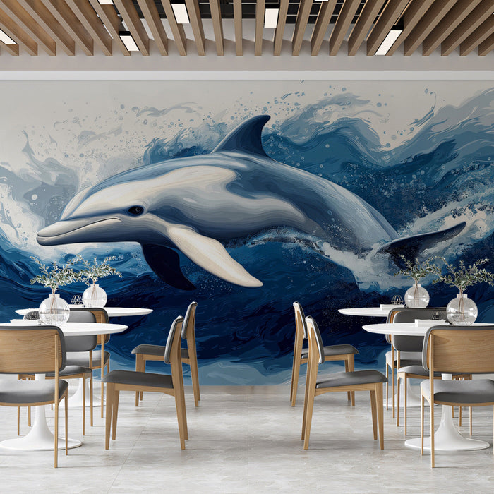 Dynamic Dolphin in Waves Mural Wallpaper | Blue Shades