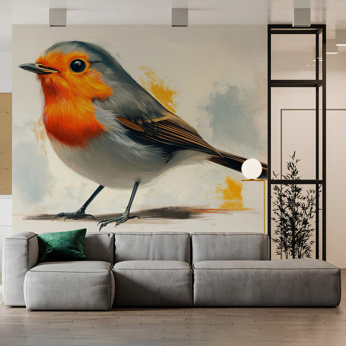 Cheerful Robin Mural Wallpaper | Orange, Gray, White