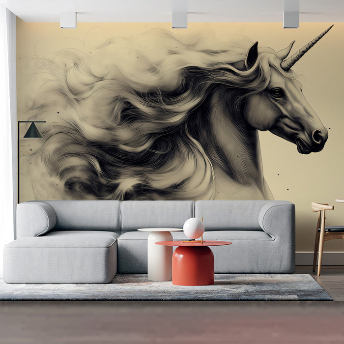 Majestic Unicorn Mural Wallpaper | Black, White, Beige