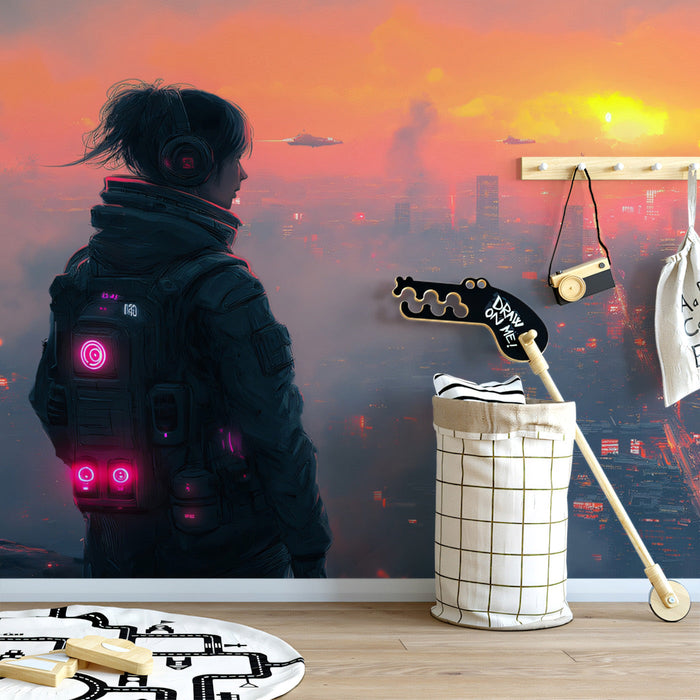 Cyberpunk Cityscape Mural Wallpaper | Orange, Pink, Blue
