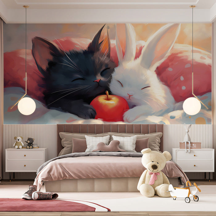 Serene Sleepy Friends Mural Wallpaper | Soft Pink, Blue, Cream