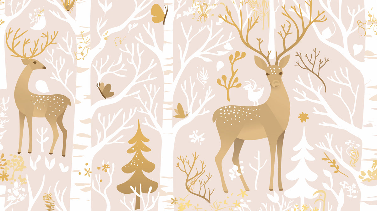Blush Pink Forest with Deer Mural Wallpaper | Blush Pink, White and Gold Deer