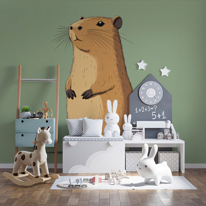 Capybara Charm Mural Wallpaper | Brown, Green