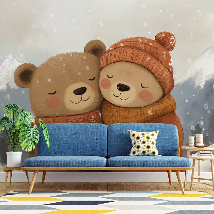 Winter Hug Mural Wallpaper | Brown, Orange, Blue - Gray