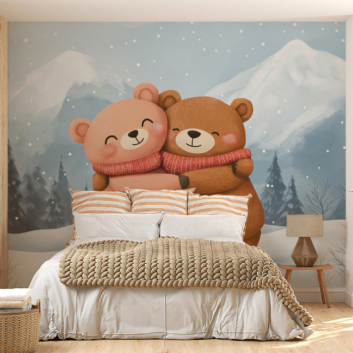Winter Hug Mural Wallpaper | Brown, Orange, Blue - Gray