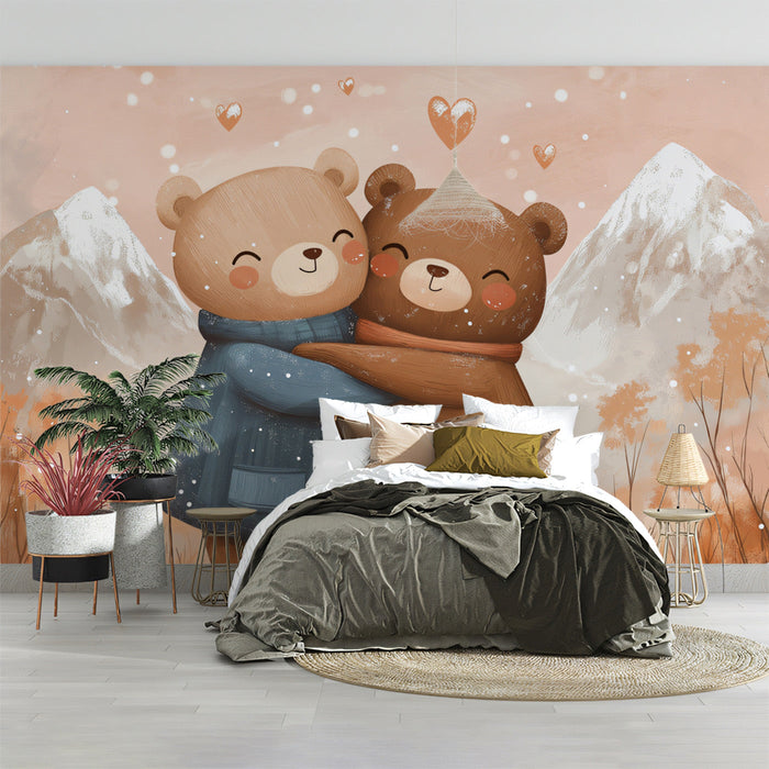 Winter Hug Mural Wallpaper | Brown, Orange, Blue - Gray