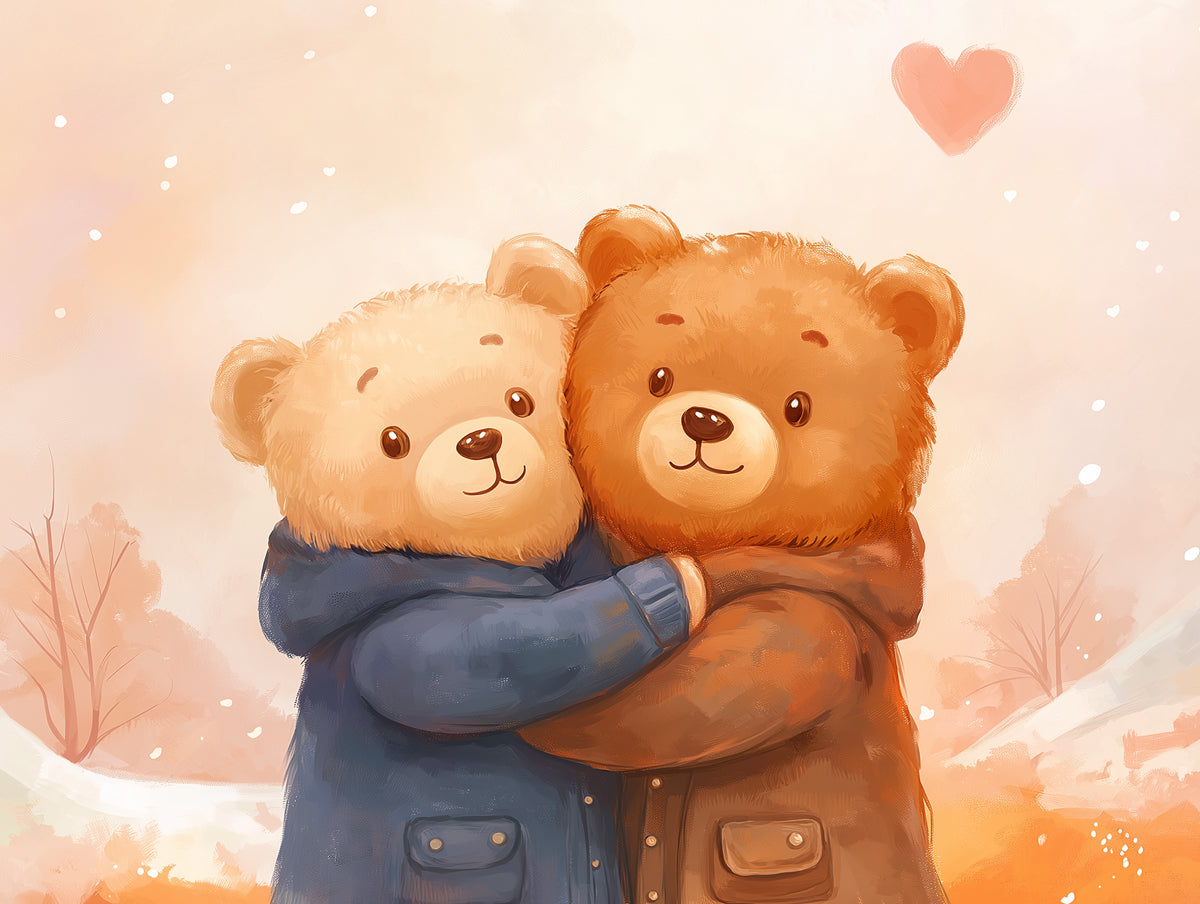 Teddy Bear Affection Mural Wallpaper | Orange, Blue, Pink