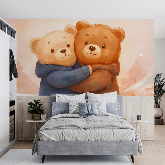 Teddy Bear Affection Mural Wallpaper | Orange, Blue, Pink