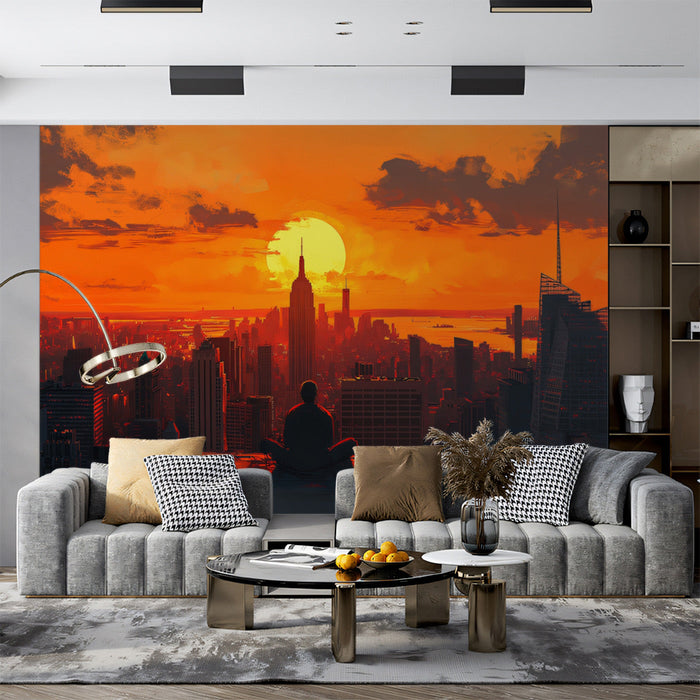 Sunset City Reflection Mural Wallpaper | Orange, Red, Blue