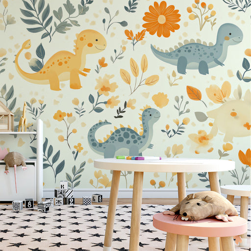 Gentle Dino Garden Mural Wallpaper | Soft Tones