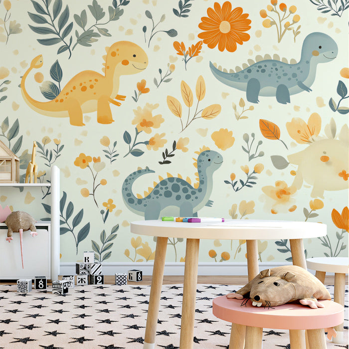 Gentle Dino Garden Mural Wallpaper | Soft Tones