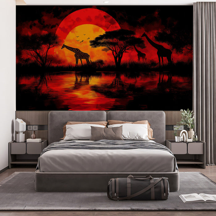Giraffe Serenade at African Sunset Mural Wallpaper