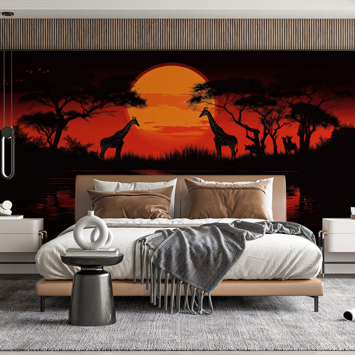 Giraffe Serenade at African Sunset Mural Wallpaper