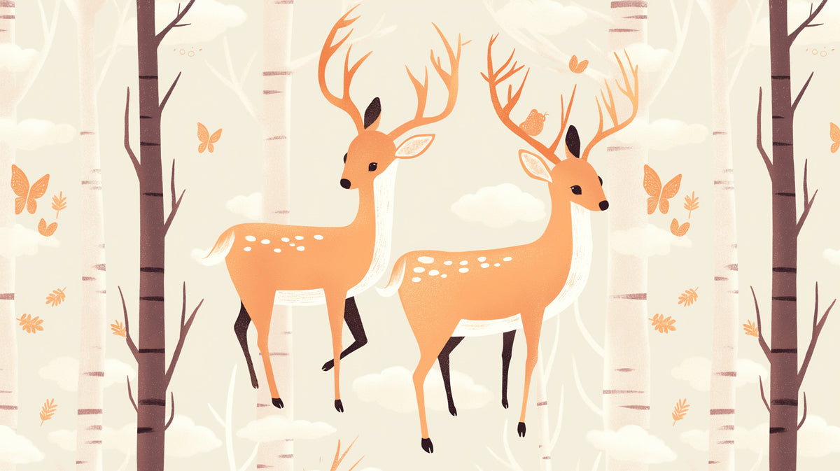 Papier peint mural Forêt neutre avec cerfs | Cerfs beiges, blancs et marron