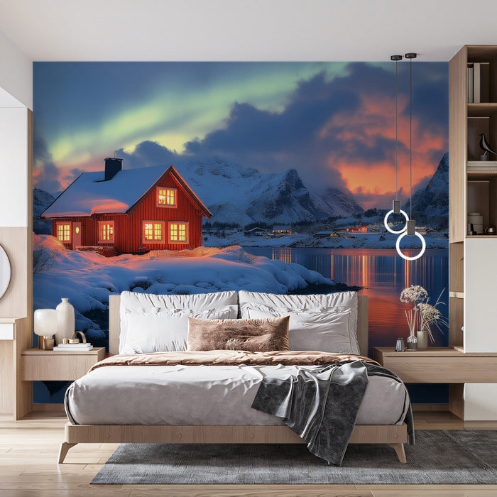 Arctic Cottage Under the Northern Lights Mural Wallpaper