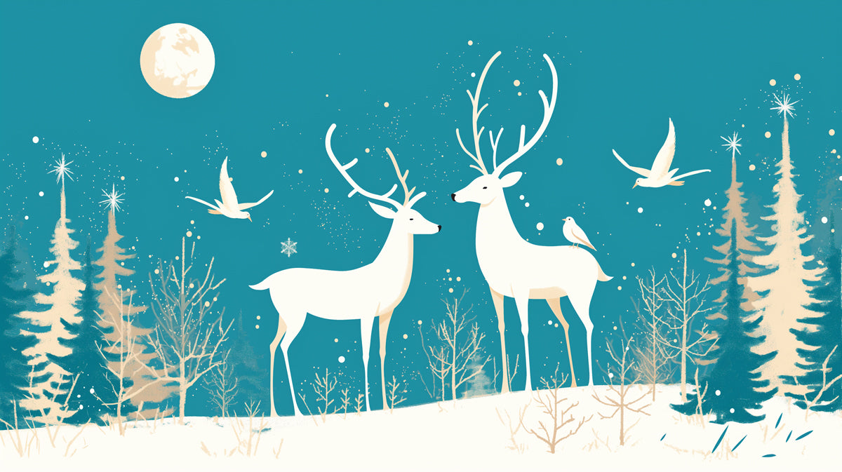 Teal Night Forest with Deer Mural Wallpaper | Teal, White and Beige Deer