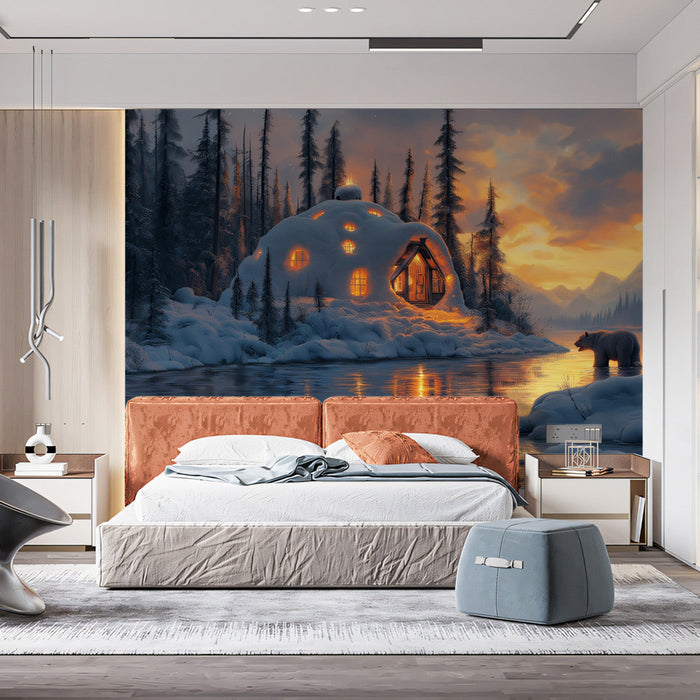 Alpine Village Twilight Mural Wallpaper