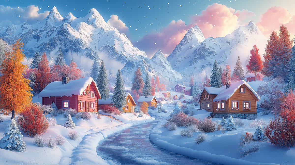 Snowy Lighthouse Village Mural Wallpaper