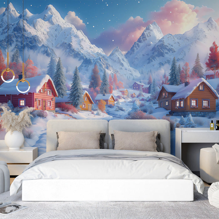 Snowy Lighthouse Village Mural Wallpaper